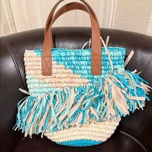 Chico's Aqua and Cream Fringe Tote